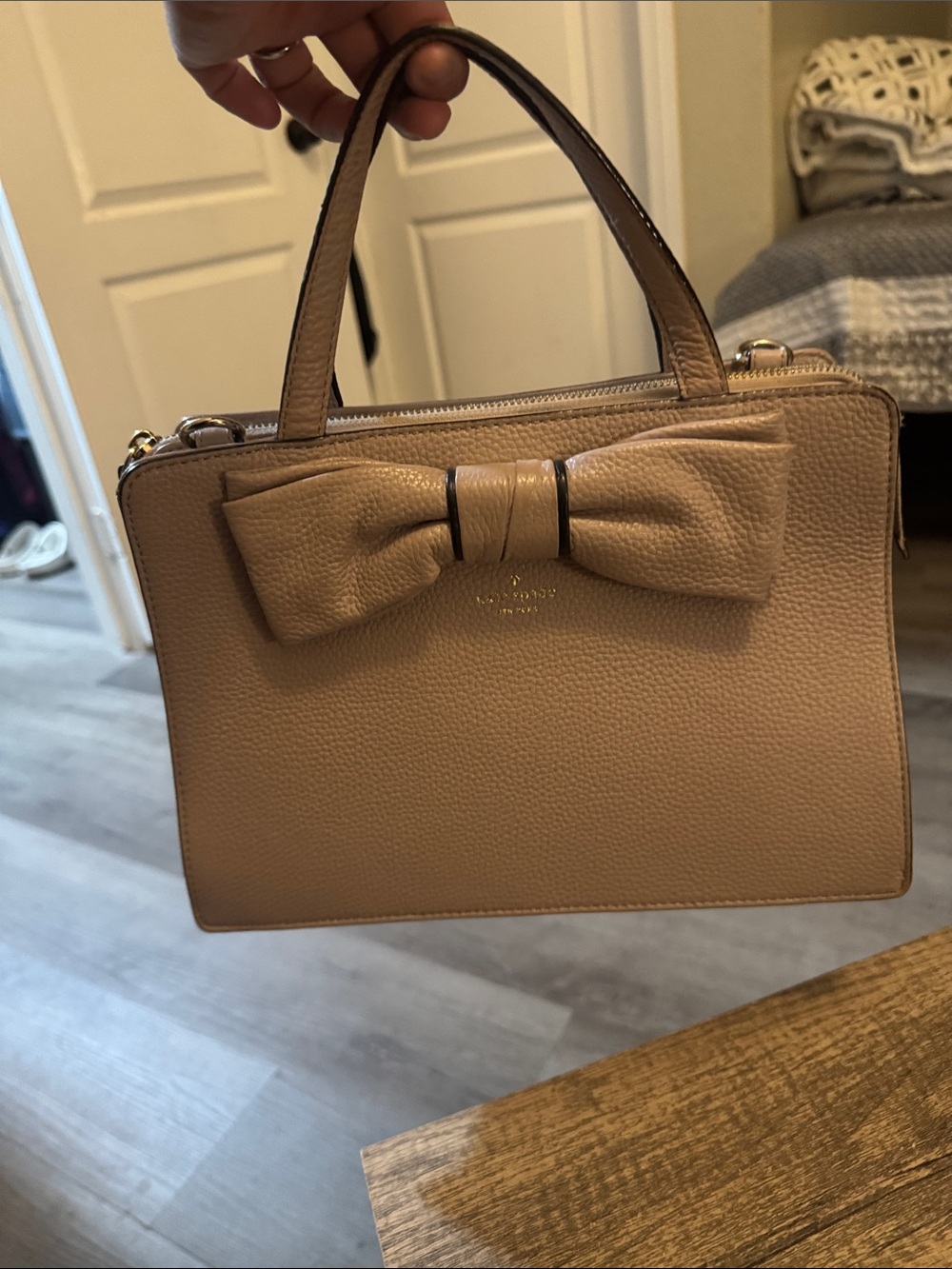 kate spade pebbled leather satchel with bow in tan